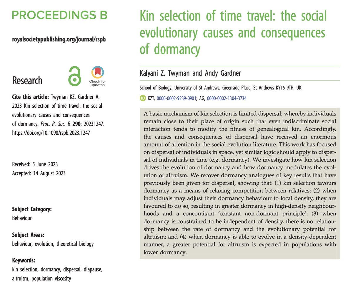 Excited to share that my new paper with @drandygardner, “Kin selection of time travel: the social evolutionary causes and consequences of dormancy” (#OpenAccess) is now out in ProcB @RSocPublishing! royalsocietypublishing.org/doi/10.1098/rs… #KinSelection #Dormancy #Altruism Short summary 👇(1/4)