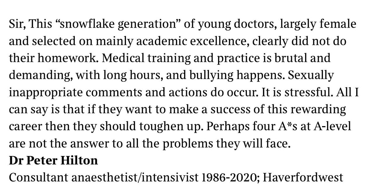 Fascinated that Dr Peter Hilton felt the need to publicly dismiss the challenges faced by younger, ‘largely female' doctors. Resilience shouldn't equate to tolerating bullying or harassment. The focus should be on creating a respectful and inclusive environment. #NHS