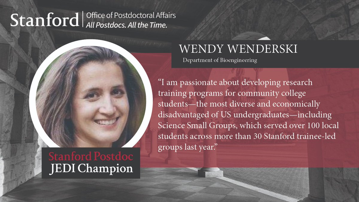 @StanfordOPA is honored to introduce postdoctoral scholar, @wendywenderski, as a member of the #PostdocJEDIChampions2023 cohort! This award recognizes her #JEDI work supporting #commcollege students in the Science Small Groups program. Learn more at: postdocs.stanford.edu/current-postdo….