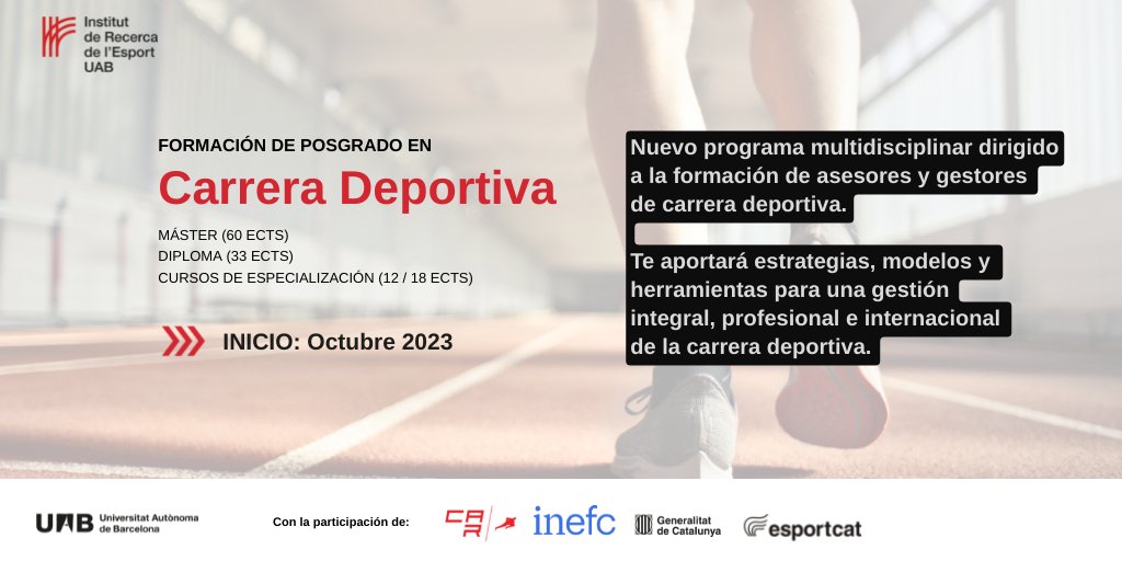 🧑‍🎓Fórmate como gestor y asesor de carrera deportiva.

Nuevos #cursos impartidos en la @UAB con la colaboración del <a href="/CARSantCugat/">CAR Sant Cugat</a> <a href="/inefcat/">Inefc</a> y entidades deportivas

Inicio: Octubre 2023 / Semipresencial 
Info: shorturl.at/mxE79

#deporte #gestion #altorendimiento #master
