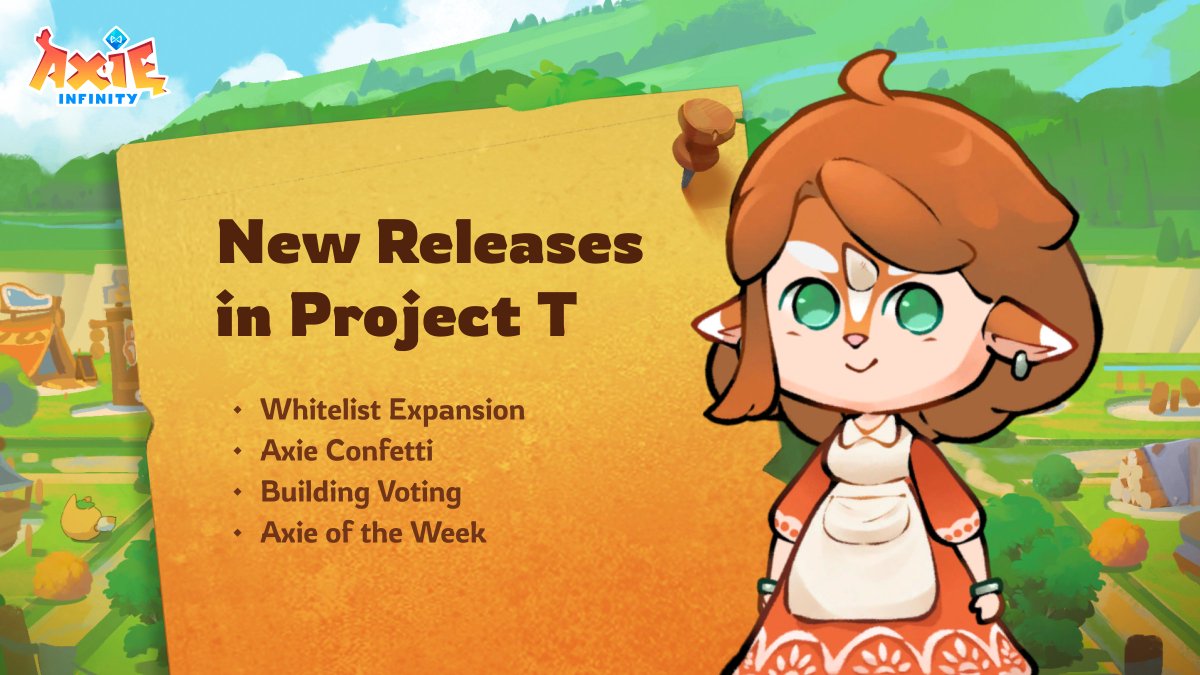 AxieInfinity's tweet image. 1/ We’ve shipped some exciting new features in Project T!

• Expanded Whitelist
• Axie Confetti
• Vote for Buildings + Axie of the Week

Here’s what’s happening:
