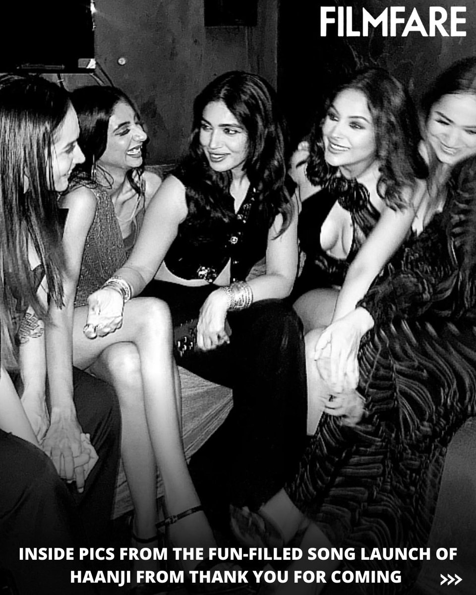 filmfare's tweet photo. #BhumiPednekar, #ShehnaazGill, #DollySingh, #KushaKapila, and #ShibaniBedi dance their hearts out at the song launch of #Haanji from #ThankYouForComing! ✨ https://t.co/RMeqKlrqKC
