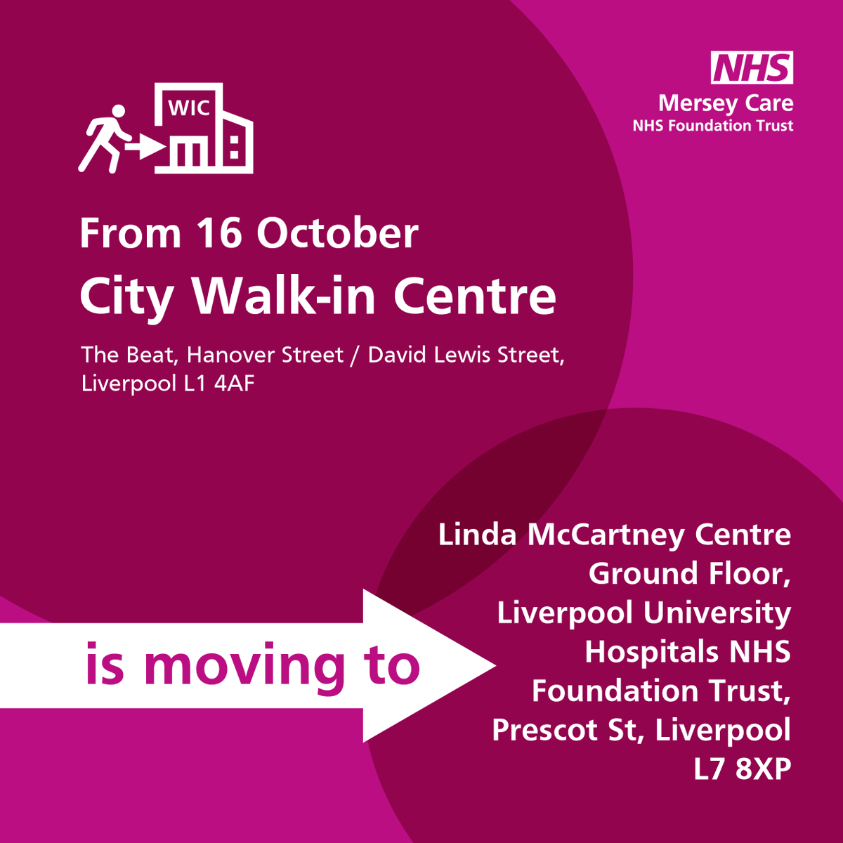 Mersey_Care's tweet photo. City Walk-in Centre at the Beat on Hanover Street is moving to the Linda McCartney Centre, from week commencing 16 October 2023 💙

For more information, visit - https://t.co/u4qiy7Lquh

@LpoolCityRegion @LivHPartners @lpoolcouncil @HW_Liverpool https://t.co/GDbtKL5Z0E