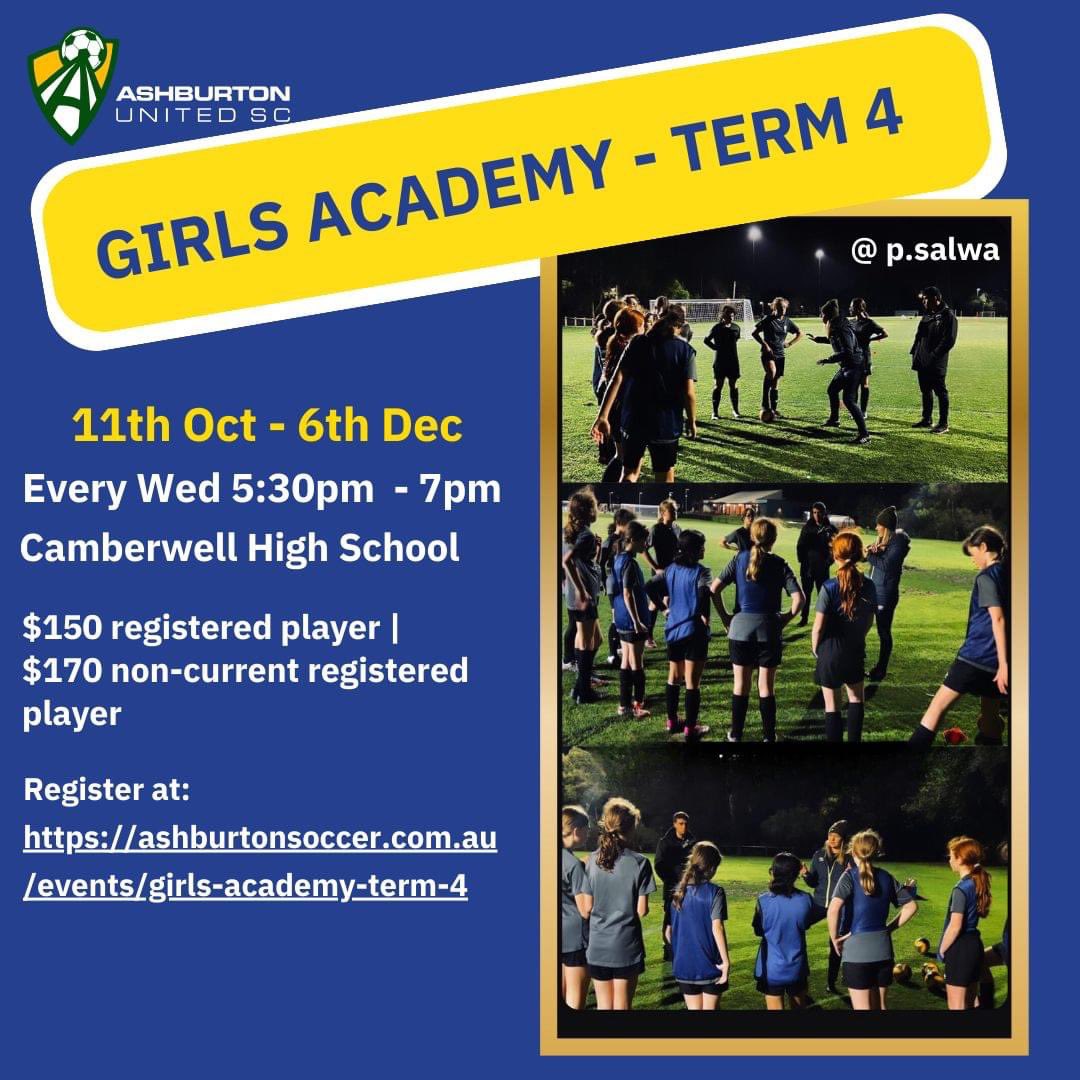 Girls academy is back for Term 4 2023.

Runs from 11th Oct to 6th Dec. Every Wednesday 5.30 – 7pm @ Camberwell High School, Prospect Hill Road

Patrycja Salwa, Club Technical Director for Girls, will be running the program.

Register at:
ashburtonsoccer.com.au/events/girls-a…