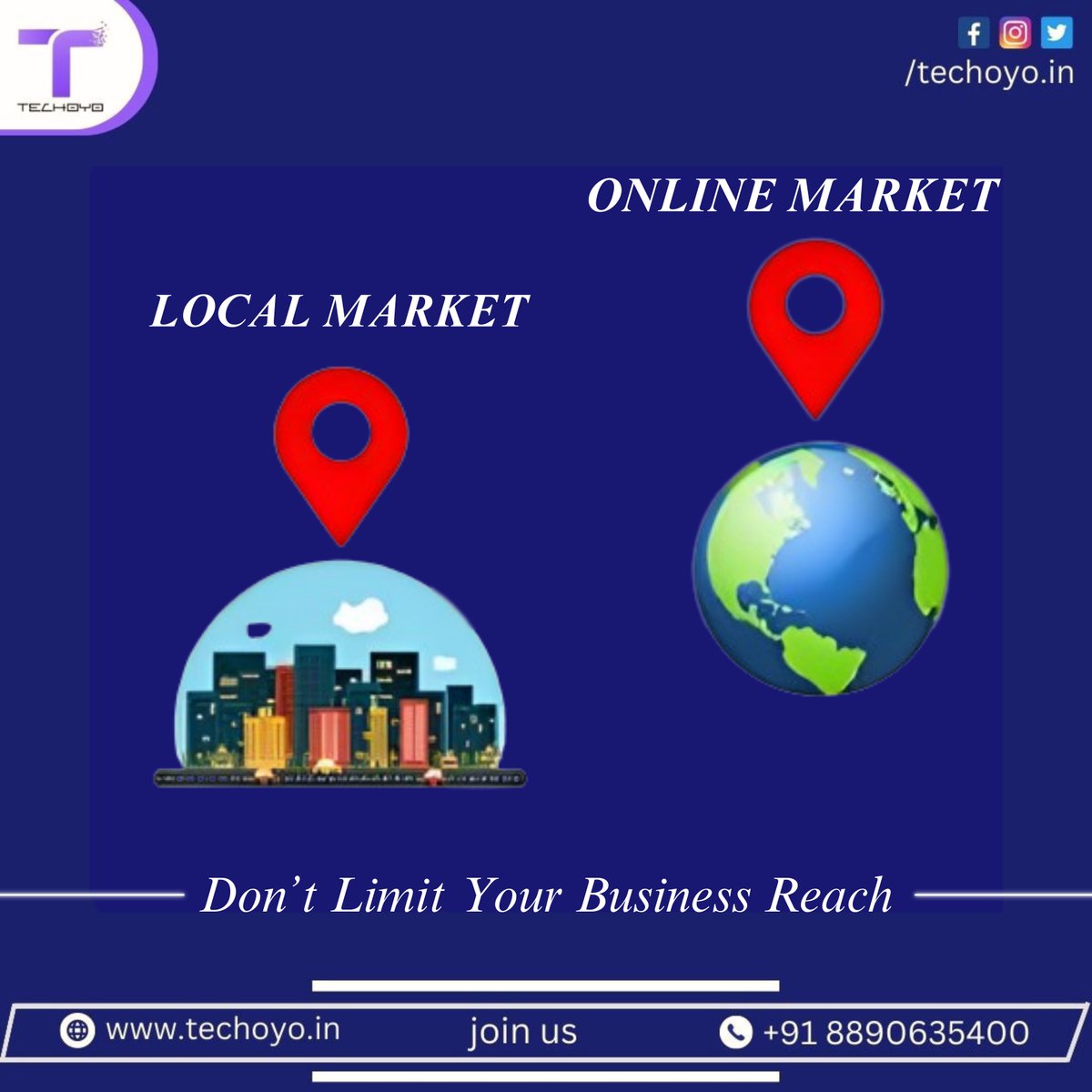 TechoyoIn's tweet image. 🌍 Local vs. Online Market: Bridging Boundaries! 🏪 Explore the global marketplace from your couch, beyond local limits! 🚀 Contact us to boost your digital presence: 📞 +91 8890 635 400 | 📧 techoyo.in@gmail.com | 💻 techoyo.in #ShopGlobal #localvsonline