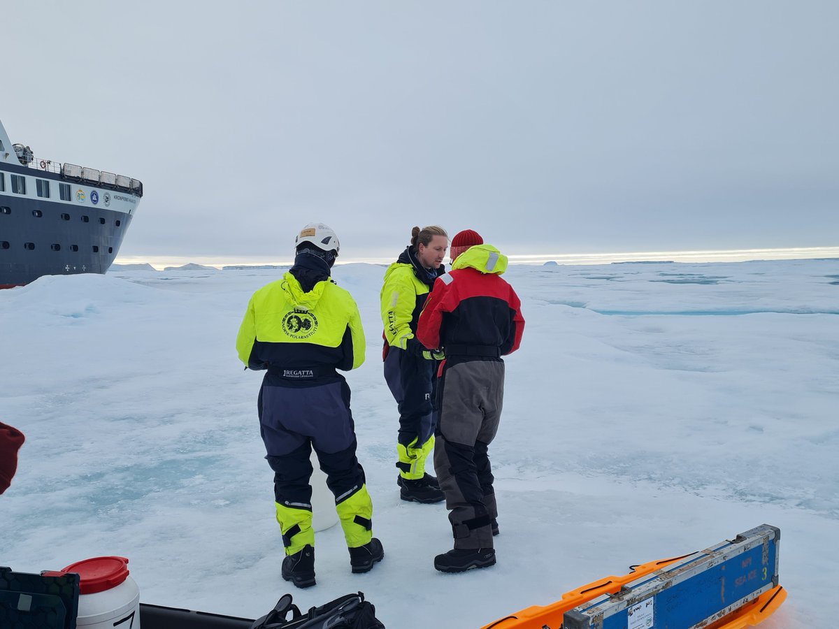 fisserhenrik's tweet photo. Busy days on the fast ice in East Greenland.
We sampled & measured the sea ice, collected areal observations, and registered icebergs.
Ice thickness was ~1.5 m in level areas.
Much of this will likely break up in the next weeks. Dynamics seen in Sentinel-1.
#FramStraitNPI https://t.co/NGqiY106nF
