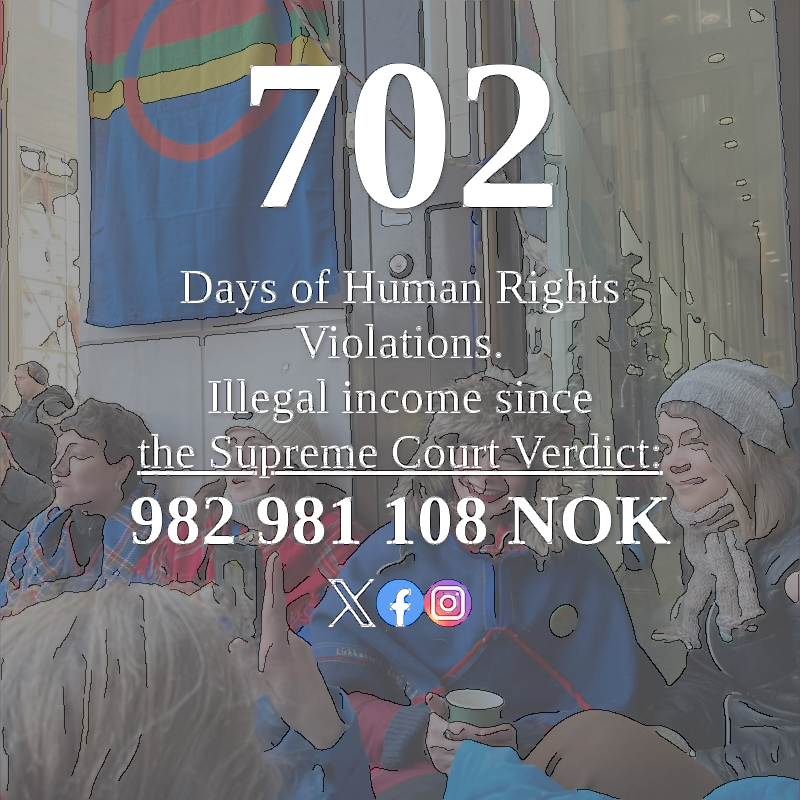 FosenTicker's tweet photo. 702 days and counting!
The Sámi have cared for the land for centuries. It’s our turn to stand with them in caring for their rights. #Fosen #StandWithSami #JusticeOverMoney
https://t.co/Js6dP3f5TM
https://t.co/HMndLXqoO0 https://t.co/FagH99UrT8