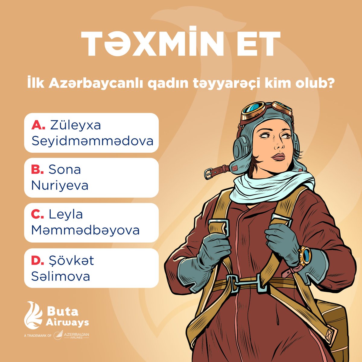 Bəs siz bilirsinizmi, Azərbaycanın ilk qadın təyyarəçisi kim olub❓ Təxmin etməyə çalışın.💡
✈️
А вы знаете, кто была первой женщиной-пилотом Азербайджана? Попробуйте угадать.

#ButaAirways #flyButa