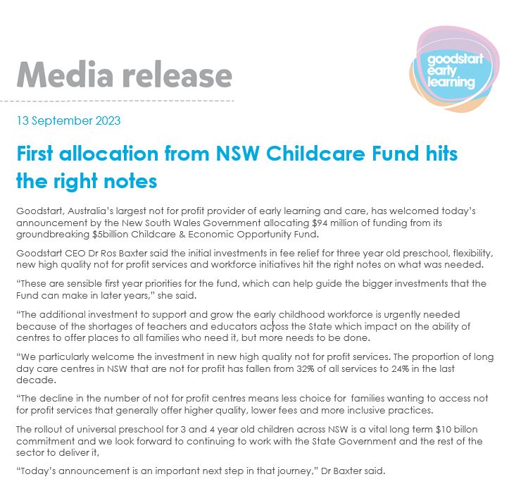 JCherryGEL's tweet photo. Media release from @GoodStartel welcoming todays preschool and ECEC workforce funding announcement by @pruecar and @ChrisMinnsMP https://t.co/sTKF4kxtIm