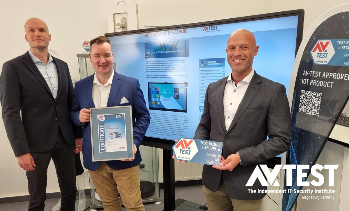 Congratulations to <a href="/ProwiseGlobal/">Prowise Global</a> for re-certifying Touchscreen Ten G2 as an #avtest APPROVED IOT PRODUCT. Thomas Rusche, Sales Manager East at <a href="/Prowise_NL/">Prowise</a>, received the certificate from Eric Clausing, Director of #IoT Labs at AV-TEST and Mirko Schneider. #digitafel #iotsecurity