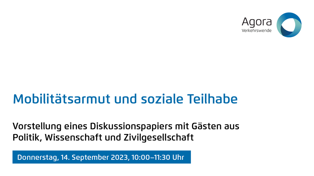 Mit welchen Maßnahmen gegen #Mobilitätsarmut können soziale Teilhabe und Klimaschutz gleichermaßen vorangebracht werden? 

Morgen (Do., 14.09., 10 Uhr) sprechen wir in unserem Webinar auch über Lösungsperspektiven.

Jetzt anmelden: agora-verkehrswende.de/veranstaltunge…

#Verkehrswende