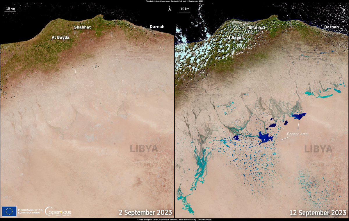 #ImageOfTheDay

#StormDaniel causes severe floods in #Libya 🇱🇾

➡️At least 5,200 casualties have been reported and 8,000 people are still missing

The flooded areas🟦after Daniel's passage through the Libyan desert are visible when comparing the #Sentinel2 images of↙️2 &amp;↘️12 Sept