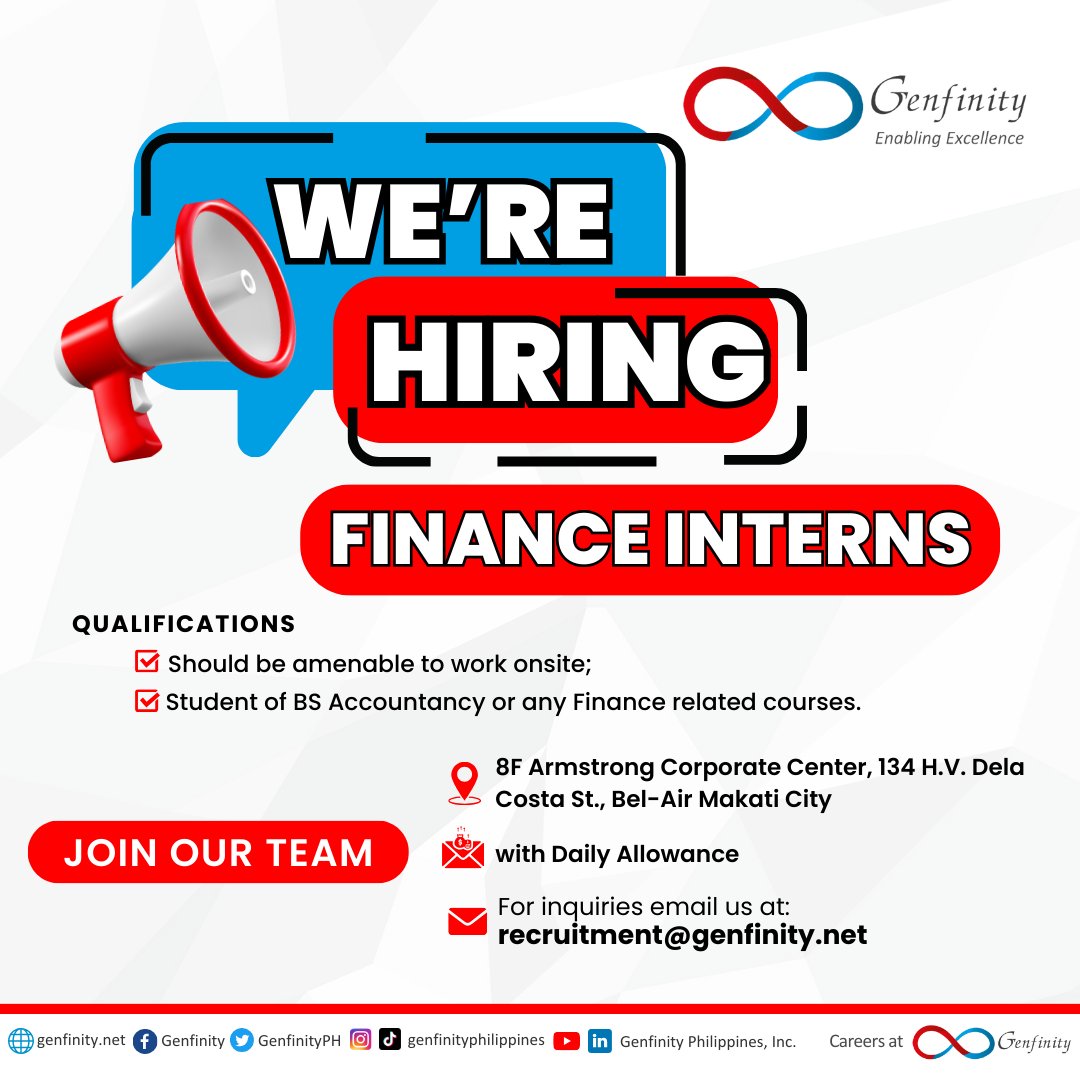 Genfinity Philippines is on the lookout for Finance Interns!🚀  

✅Should be amenable to work onsite
✅Student of BS Accountancy or any Finance related courses
✅with Daily Allowance

#GenfinityPhilippines #EnablingExcellence #Internship2023 #Finance #Intern #Hiring #Hiring2023