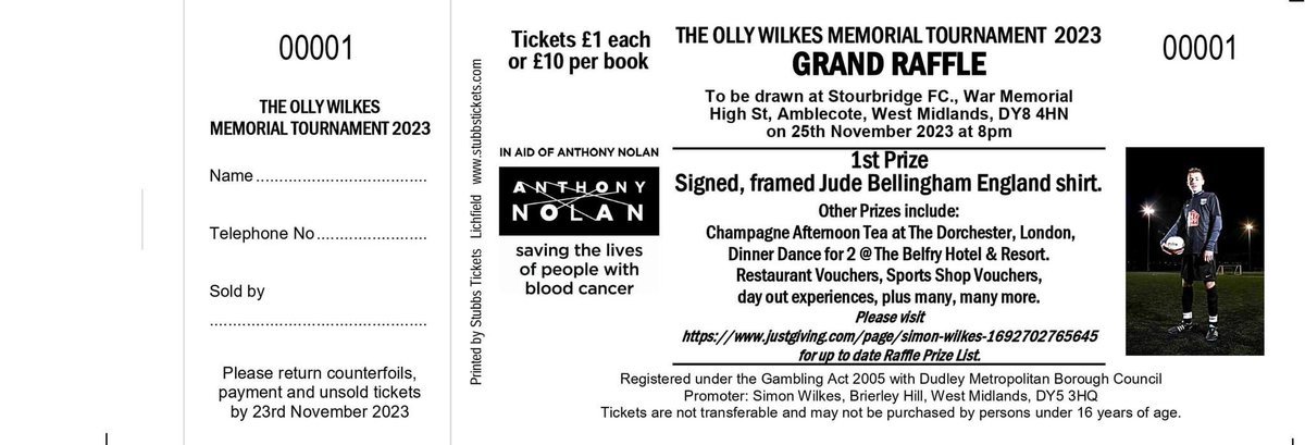 simonwilkes13's tweet photo. Jude Bellingham signed England shirt 1st Prize in our Grand Raffle for “Our Olly’s” Memorial Football Tournament to be played at @StGeorgesPark1 in November.
Get your raffle tickets https://t.co/K4vxKbIZgc All in aid of @AnthonyNolan 👊⚽️

#inmemoryofourolly https://t.co/INgIYuaQoj