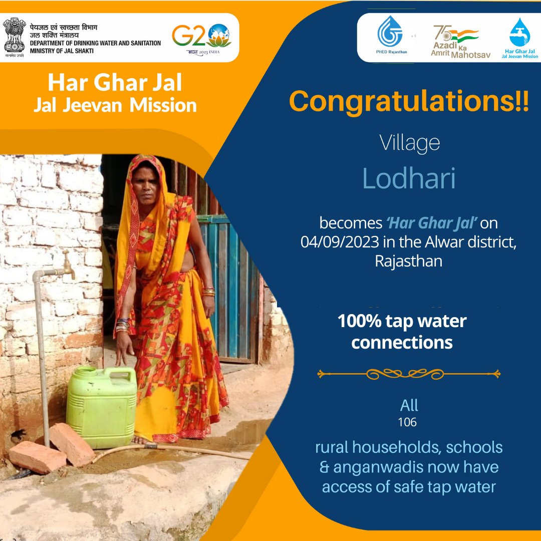 Congratulations to all the people of Village Lodhari of Alwar district, Rajasthan State for becoming #HarGharJal with safe tap water to all 106 rural households, schools & anganwadis under #JalJeevanMission