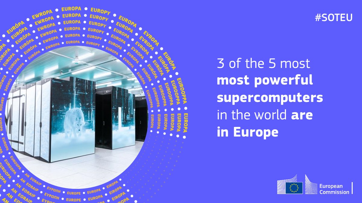 EU_Commission's tweet photo. @vonderleyen Europe has now become a leader in supercomputing.

We need to capitalise on this.

This is why we announce today a new initiative to open up our high-performance computers to AI-start-ups.

#SOTEU https://t.co/zttGKmXmi9