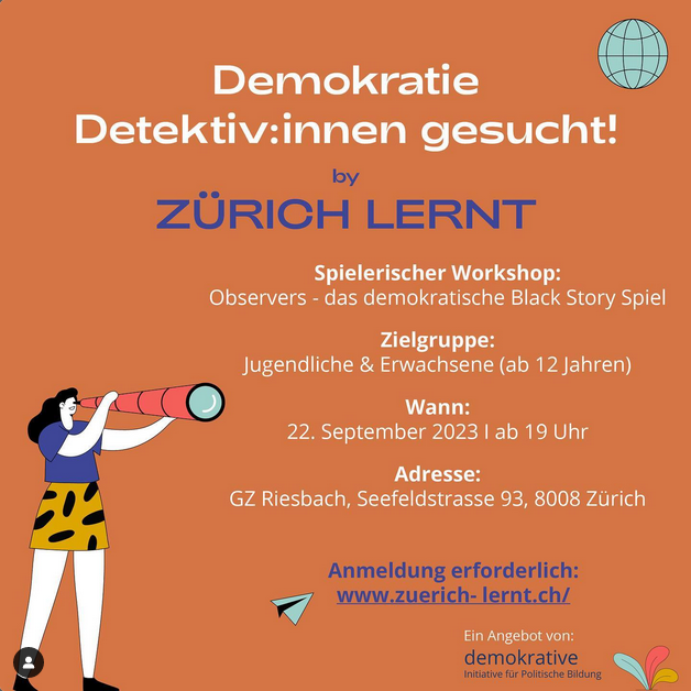 DemokrativeP's tweet photo. Entdecke überraschende und bedeutsame Geschichten aus Demokratien kennen und komme den Rätseln auf die Spur.🕵🏻🕵🏽

Auch  wir sind am Lernfestival „Zürich lernt“ mit dabei und freuen uns am  Freitag, 22. September viele Detektiv:innen begrüssen zu dürfen! https://t.co/k59MHUPW8k