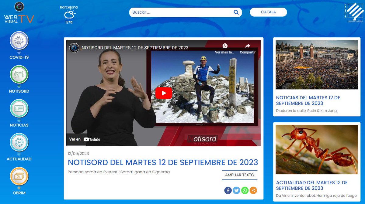 Webvisual_tv's tweet image. 12 DE SETEMBRE DE 2023 👋Llengua de Signes Catalana #LSC webvisual.tv

🔵Noticies: youtube.com/watch?v=GboiAm…
⚫️Actualitat: youtube.com/watch?v=D7mo8u…
🔴Notisord: youtube.com/watch?v=Ma_qBU…

#llenguadesignes #accessibilitat #llenguadesignescatalana