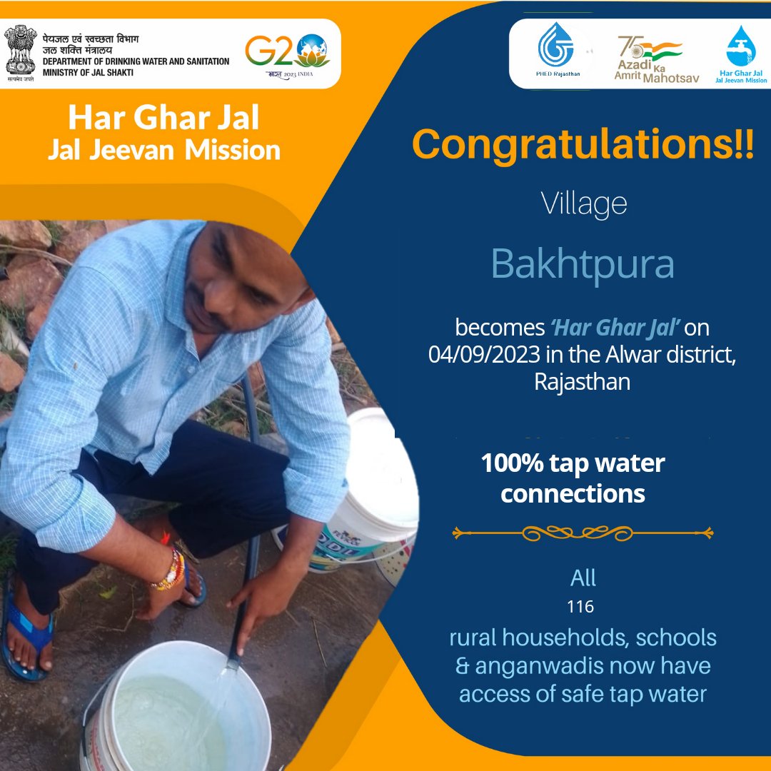 Congratulations to all the people of Village Bakhtpura of Alwar district, Rajasthan State for becoming #HarGharJal with safe tap water to all 116 rural households, schools & anganwadis under #JalJeevanMission