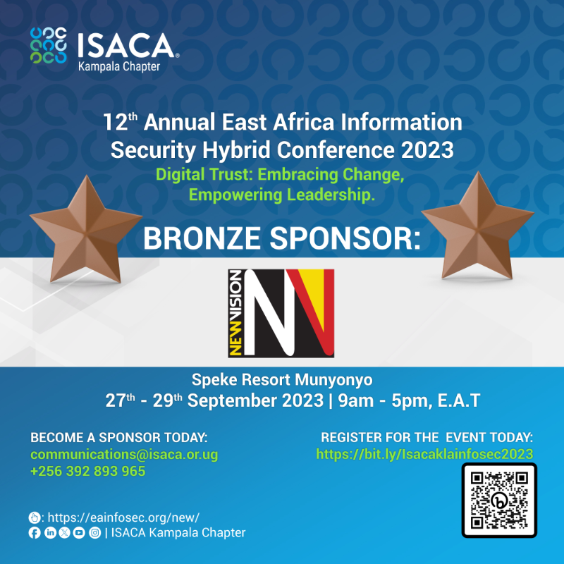 ISACAKampala's tweet photo. While we gear up for our 12th Annual EA Information Security Conference, we are honored to introduce to you some of our Bronze Sponsors ✨

1. @GrantThorntonUG
2. @DPFUganda
3. @newvisionwire

We look forward to achieving great things throughout this partnership.

#EAInfoSec2023