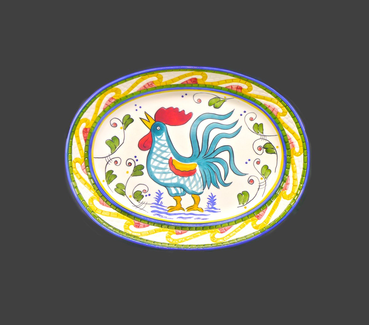 G97816960Girl's tweet photo. Clay Art Mosaic Rooster large, oval turkey platter with raised sides. Central hand-painted rooster high-relief mosaic rim. https://t.co/4hgKu61VC6 via @Etsy #BuyfromGroovy #antiqueshop #tableware #dinnerware #vintagetableware #MosaicRooster #ClayArt #GoodLuckRooster #ClayArtMosaicRooster #EtsySellers