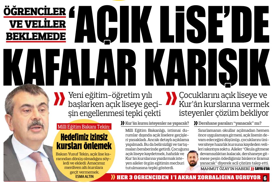 'Açık lise'de kafalar karışık
Çocuklarını açık liseye ve Kur'an kurslarına vermek isteyenler tepkili. Öğrenciler ve veliler beklemede, detaylar konusunda herkes başka bir şey söylüyor. 
#açıklise için cevapsız birçok soru var. Bu sene erken kayıt avantajında yararlanmak için…