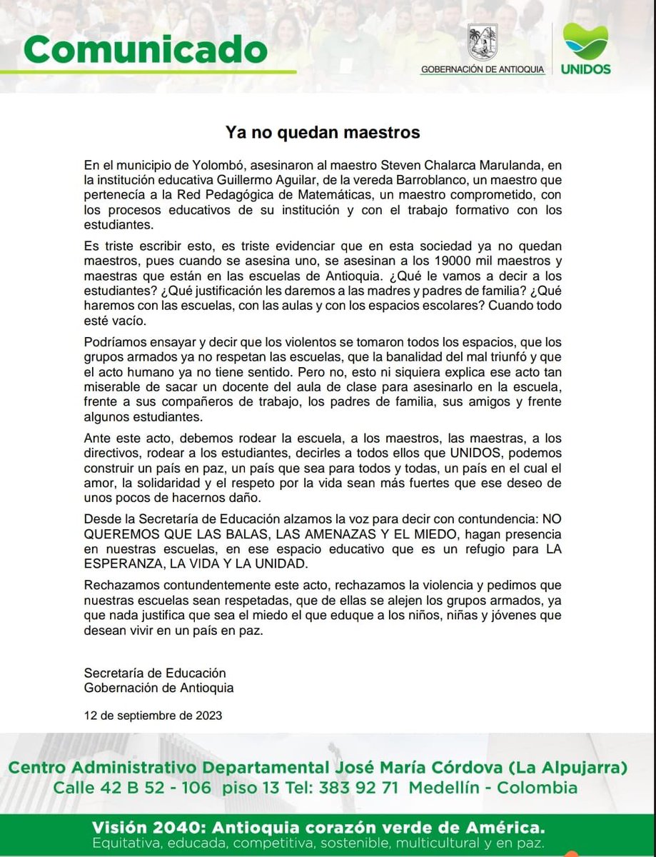 GobiernoAnt's tweet photo. Rechazamos rotundamente el asesinato del docente Steven Chalarca,en el municipio de Yolombó.

Este es un hecho que atenta contra la esperanza de un país que cree que la paz comienza desde las aulas.

Si queremos una sociedad en paz, se debe respetar la VIDA de todas las personas. https://t.co/rSgJCXqBC1