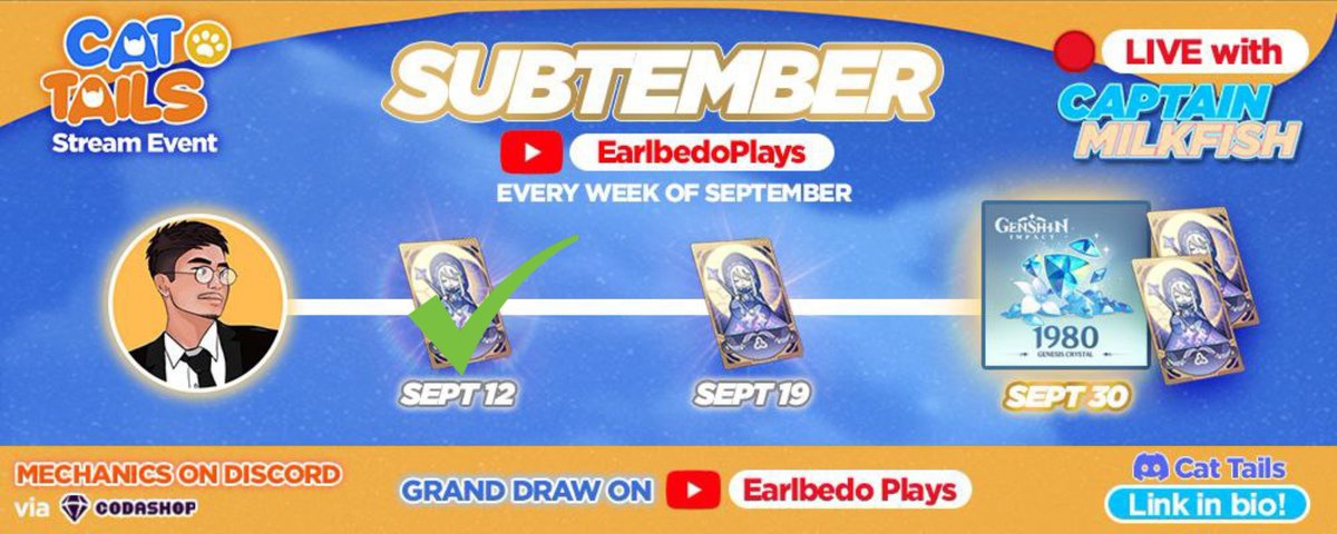 We're halfway through our SUBTEMBER GIVEAWAY!

🚨Win 1 Welkin Moon this Sept. 19

1. Follow &amp; RT
2. Subscribe to my Youtube: youtube.com/@EarlbedoPlays…
3. Comment a screenshot here when done!

Good luck !