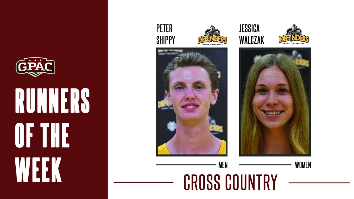 GPACSports's tweet photo. CROSS COUNTRY: Week 2 Honors - (Men) Petter Shippy and (Women) Jessica Kampman Walczak, both of @dordtdefenders.

Complete Release:
 https://t.co/LC6tP0EMmy https://t.co/IQNirzLEyc