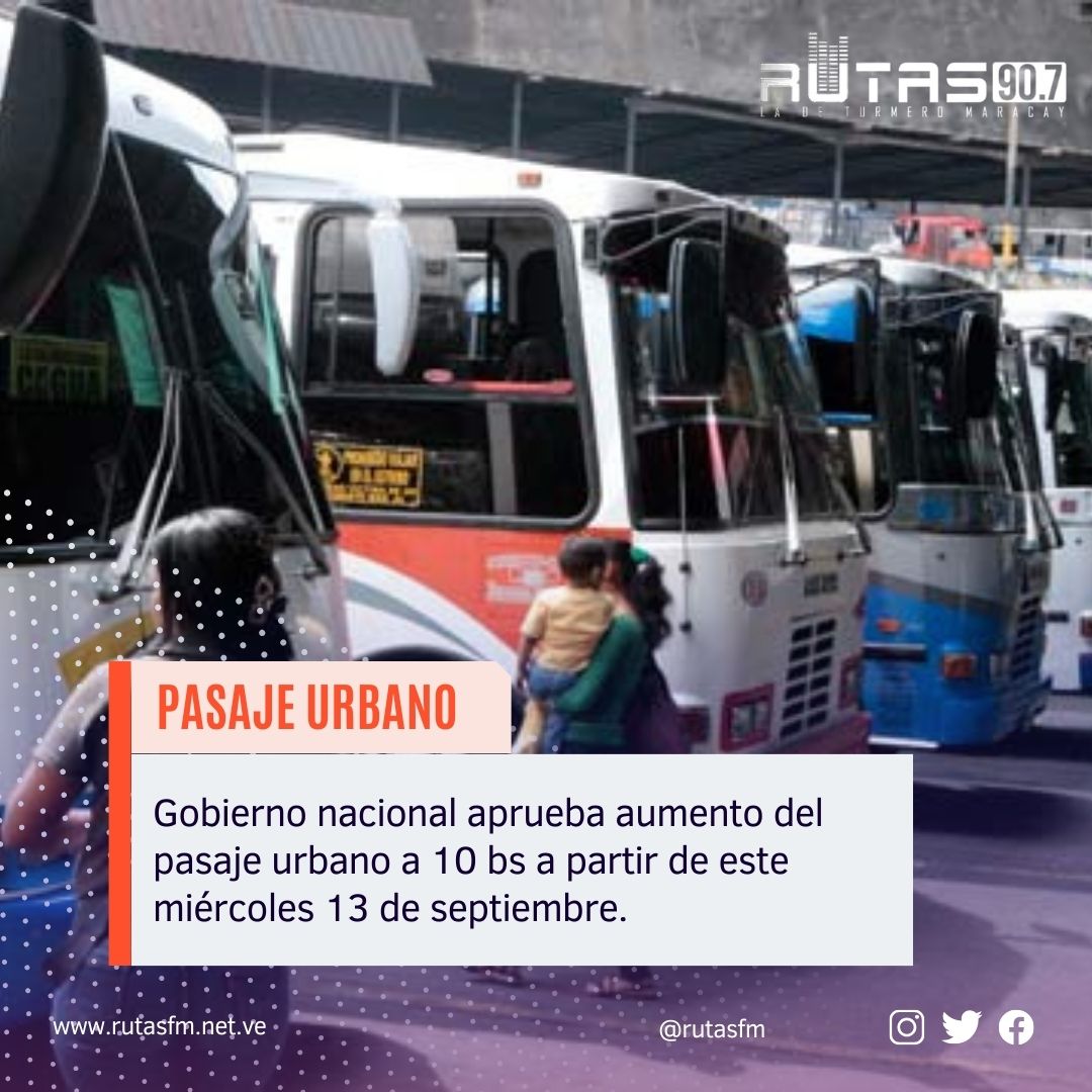 La noche de este martes, el vicepresidente Sectorial de Obras Públicas y Servicios, Néstor Reverol, informó que la tarifa del pasaje urbano quedó fijada en 10 bolívares a partir de este miércoles 13 de septiembre #pasaje #TransportePúblico #Aragua