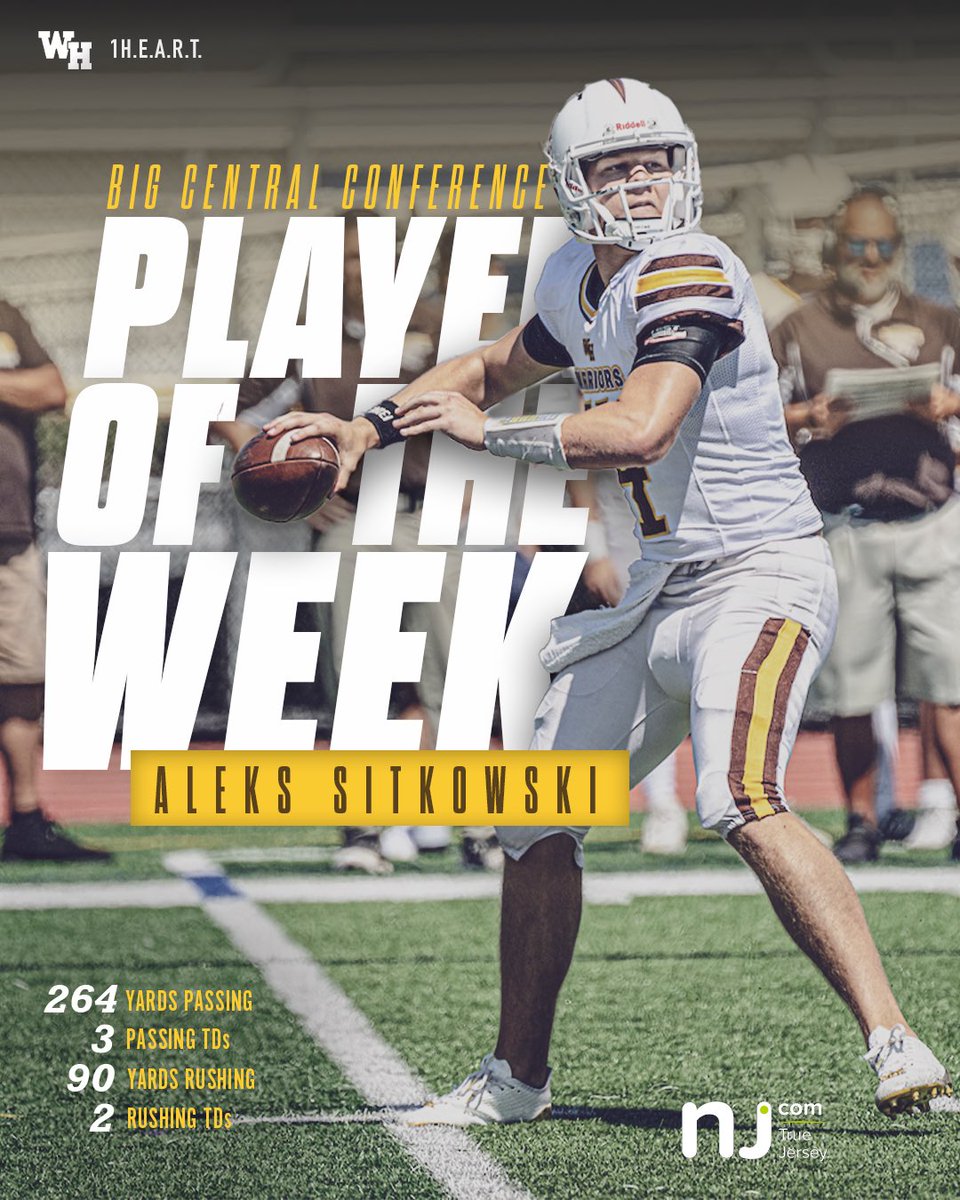 JoeSMoran's tweet photo. Congratulations to @WHFBwarriors @AleksSitkowski on his Week 2 Big Central Conference POTW award from @HSSportsNJ. More to come! 😤💪🟤🟡 https://t.co/0hWmm95XBh