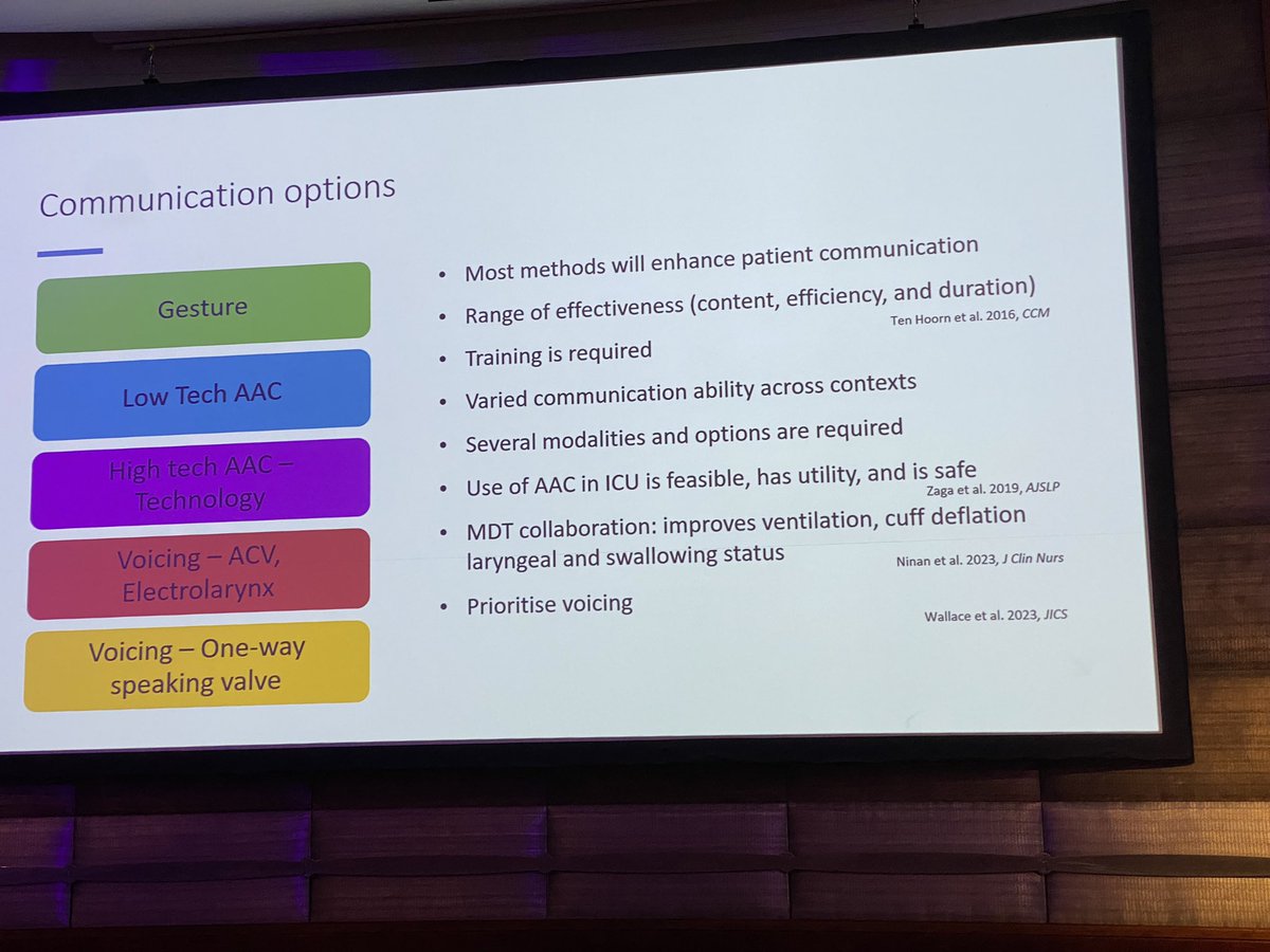DrDaleNeedham's tweet photo. More #AAMVC from @DrAmyFS
Communication is critical part of ICU care & #ICUrehab
How can we facilitate ICU patient communication?
How can we help promote SLP/SLT consultation for ICU pts while mechanically ventilated
—NOT just after extubation (not just swallow assessment)? https://t.co/ZvFQPdxGob