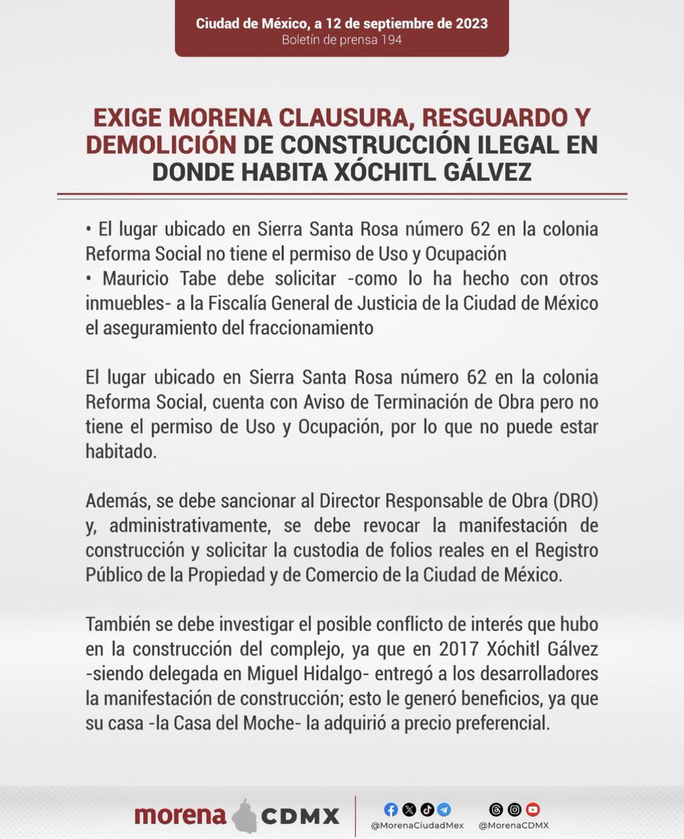 alexmaafs's tweet photo. A propósito de este comunicado… ¿Alguien sabe si Palacio Nacional cuenta con permiso de uso y ocupación? 

Ahora resulta que a los imbéciles de Morena no les gusta que @XochitlGalvez viva en su casa pero no tienen conflicto en que el presidente viva en un Palacio… https://t.co/Gd1tKA3EDs