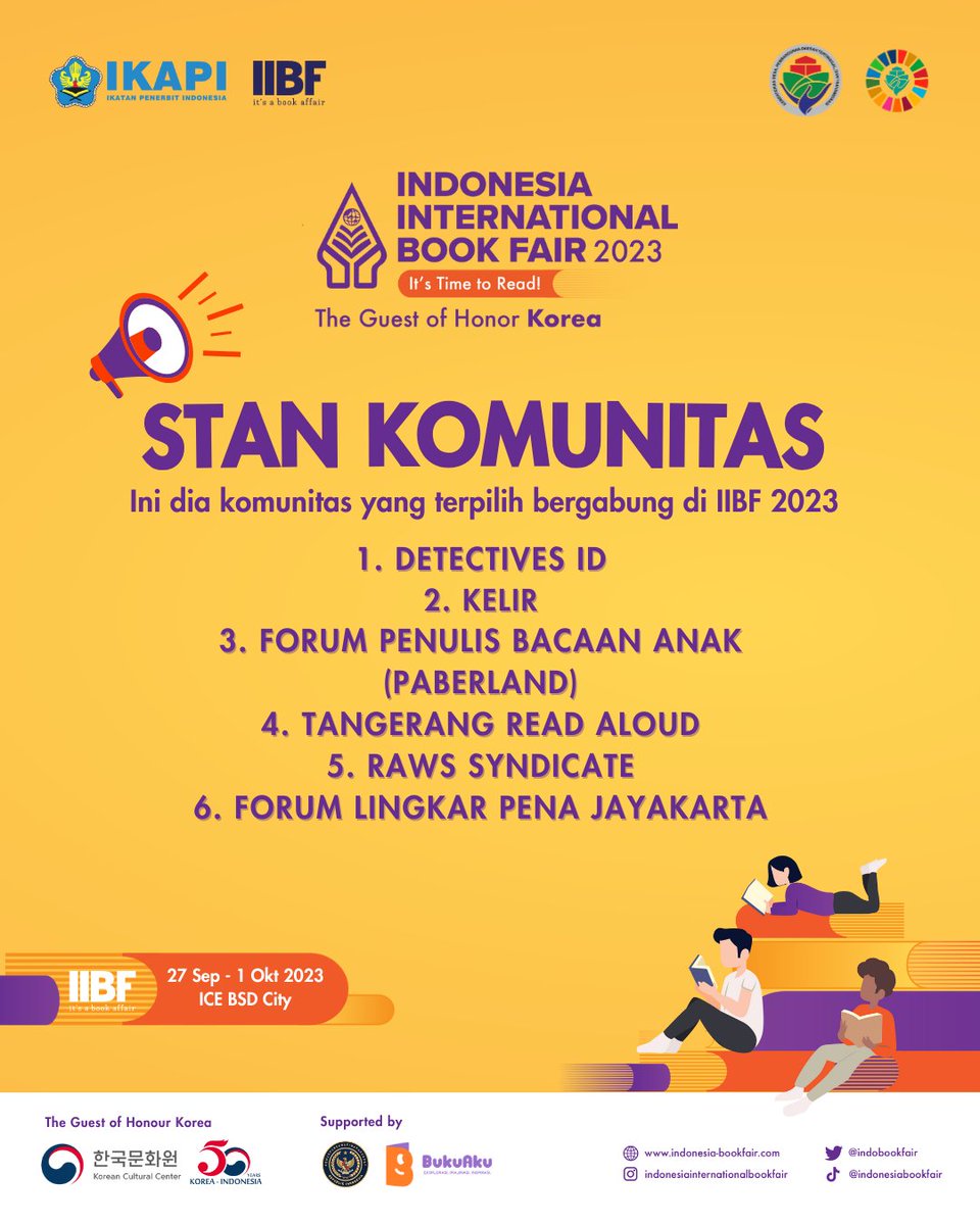 Indobookfair's tweet photo. Ini dia... komunitas yang terpilih bergabung di IIBF 2023. Selamat, ya! Segera siapkan komunitas kamu untuk bikin heboh IIBF 2023!
Terima kasih buat komunitas-komunitas yang telah mendaftar. Tetap bergerak untuk literasi Indonesia.
#IIBF2023 #ItsTimetoRead https://t.co/L7CXpCG1y3