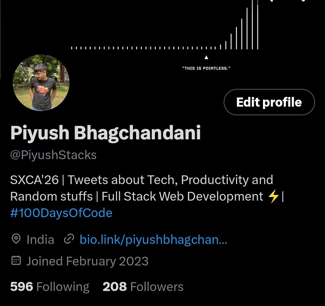 Crossed 200 followers 🎯

Thanks to each and everyone who followed me to be the part of my coding journey 🫶

Those who don't know, I tweet abt Tech, Productivity & Related stuffs. 

Currently, Documenting my journey to be a FullStackWebDeveloper by doing #100DaysOfCode