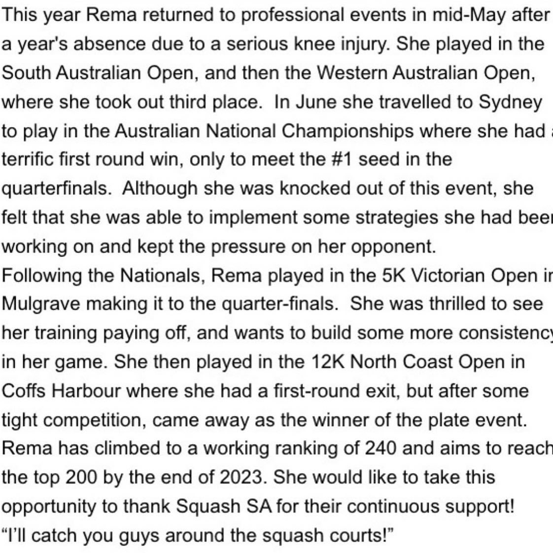 KarakalAust's tweet photo. Update on @rema_631 from @squashsa . So good to see our young stars backing up events and making achievable goals 💪🏼🏆 #squashsa #teamkarakal #squashinaustralia https://t.co/uEypyddH08