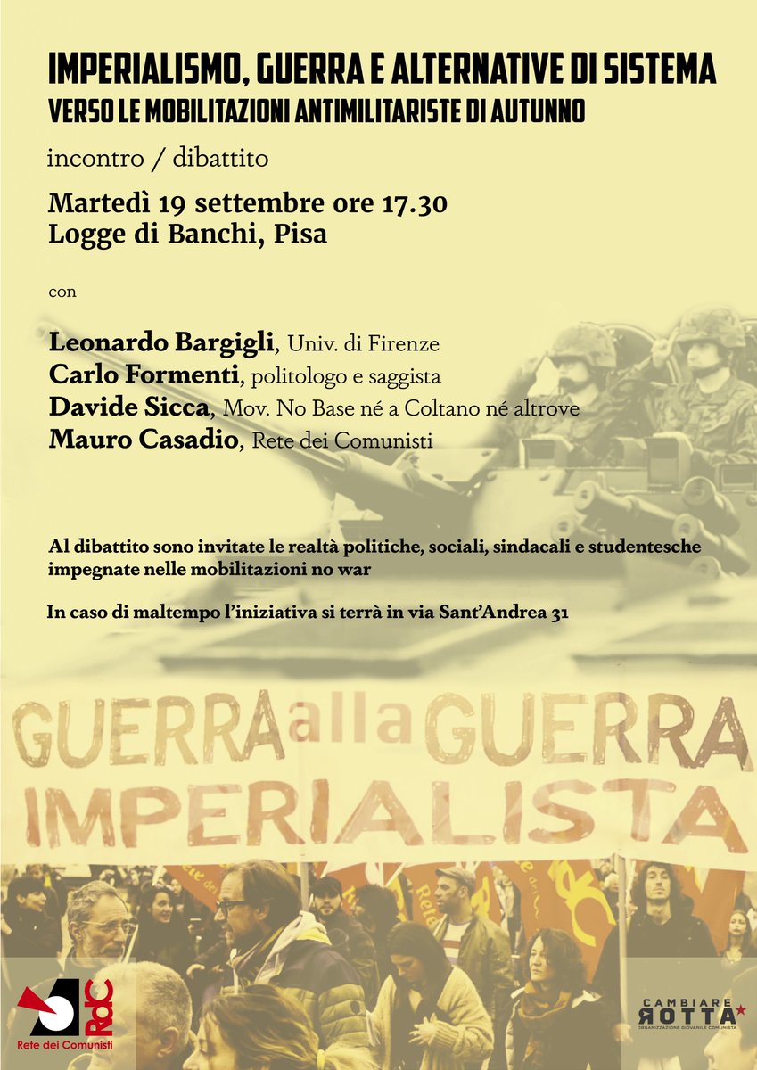 Martedì 19 settembre ore 17.30
Logge di Banchi, Pisa
(In caso di maltempo l’iniziativa si terrà in Via Sant'Andrea 31)