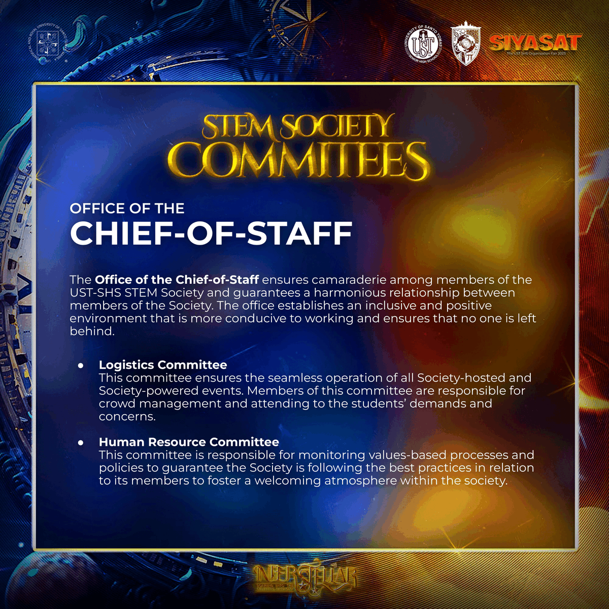 ustshsstemsoc's tweet photo. π« 10/10: Office of the Chief-of-Staff
@chiefofstaffsoc
#QuestIntoInterstellar
#WanderingAmongTheStars https://t.co/WQsDN0IZyC