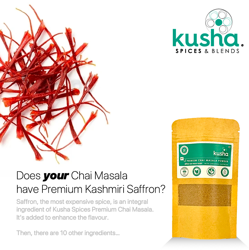 kushaspices's tweet photo. The musky flavour of Kashmiri Saffron combined with the sharp taste of Green Cardamom, mellowed by the sweetish flavour of Original Kerala Cinnamon, accentuated by hotness of Ginger.  That’s what makes Kusha Spices Premium Chai Masala so different. Buy today. https://t.co/YK7wcKPIi9
