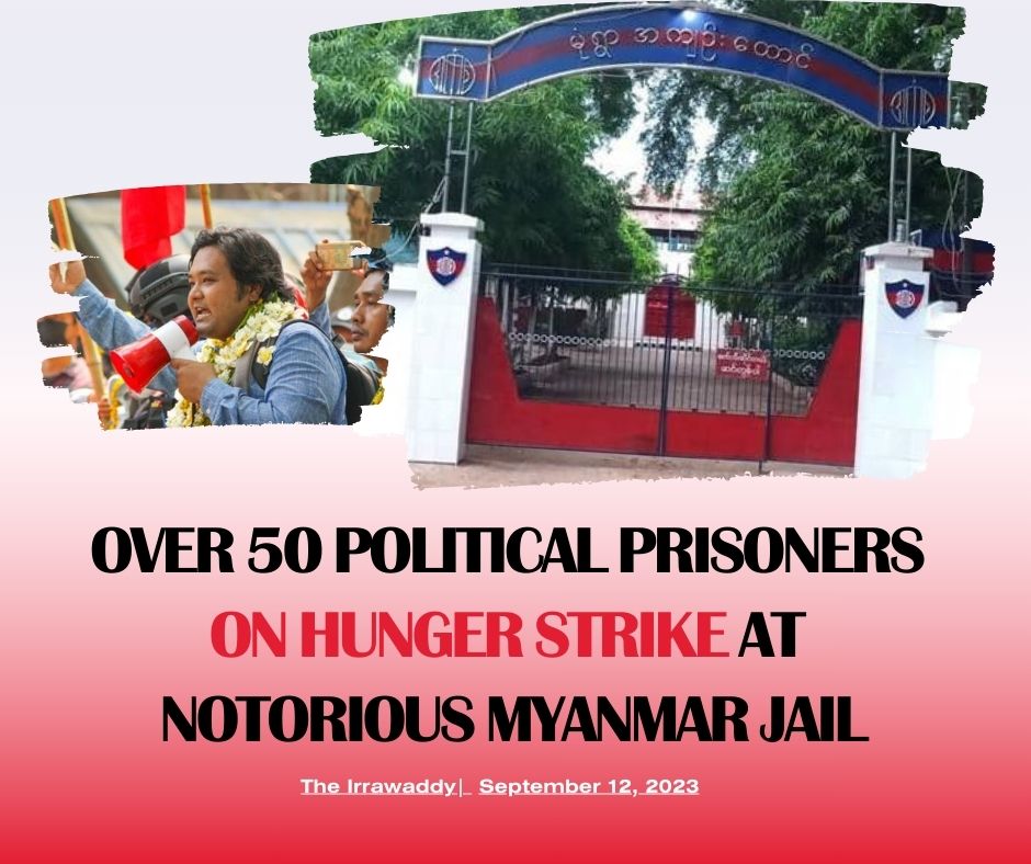 thinzashunleiyi's tweet photo. Breaking💔 

Over 50 political prisoners, incl. activist Ko #WaiMoeNaing, hunger strike in #Monywa prison. Started with 14 PPs after food, clothes, books, &amp; belongings seized during military &amp; police inspection on Fri.

🆘 @ICRC needed to prevent suffering in #Myanmar's prisons. https://t.co/A52xLPudFY