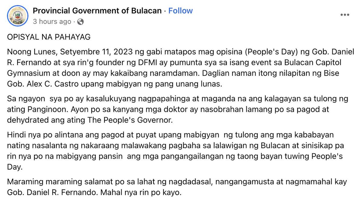 gmanews's tweet photo. Bulacan Gov. Daniel Fernando, nagpapahinga at maayos na ang kalagayan matapos umano sumama ang pakiramdam sa gitna ng kabi-kabilang mga aktibidad sa lalawigan, ayon sa Bulacan Provincial Government. | via Allan Gatus/GMA Integrated News https://t.co/3uM1dpMChf