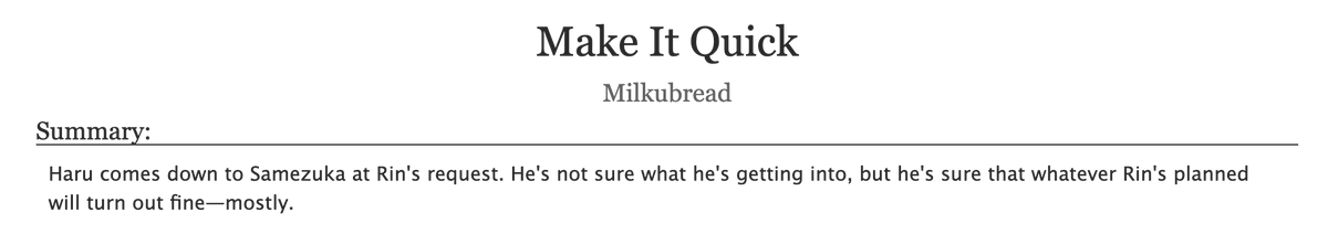 milkubread's tweet photo. Make It Quick | #harurin #rinharu #splashfree

✧ Free 
✧ Haru/Rin 
✧ 4.8k (complete) 
✧ Rated E
✧ Prompt fill for make a splash!

Haru's visit to Rin's dorm turns out just as expected. Well, more or less that is.

https://t.co/t6gQuzukoU https://t.co/6LCbliouix
