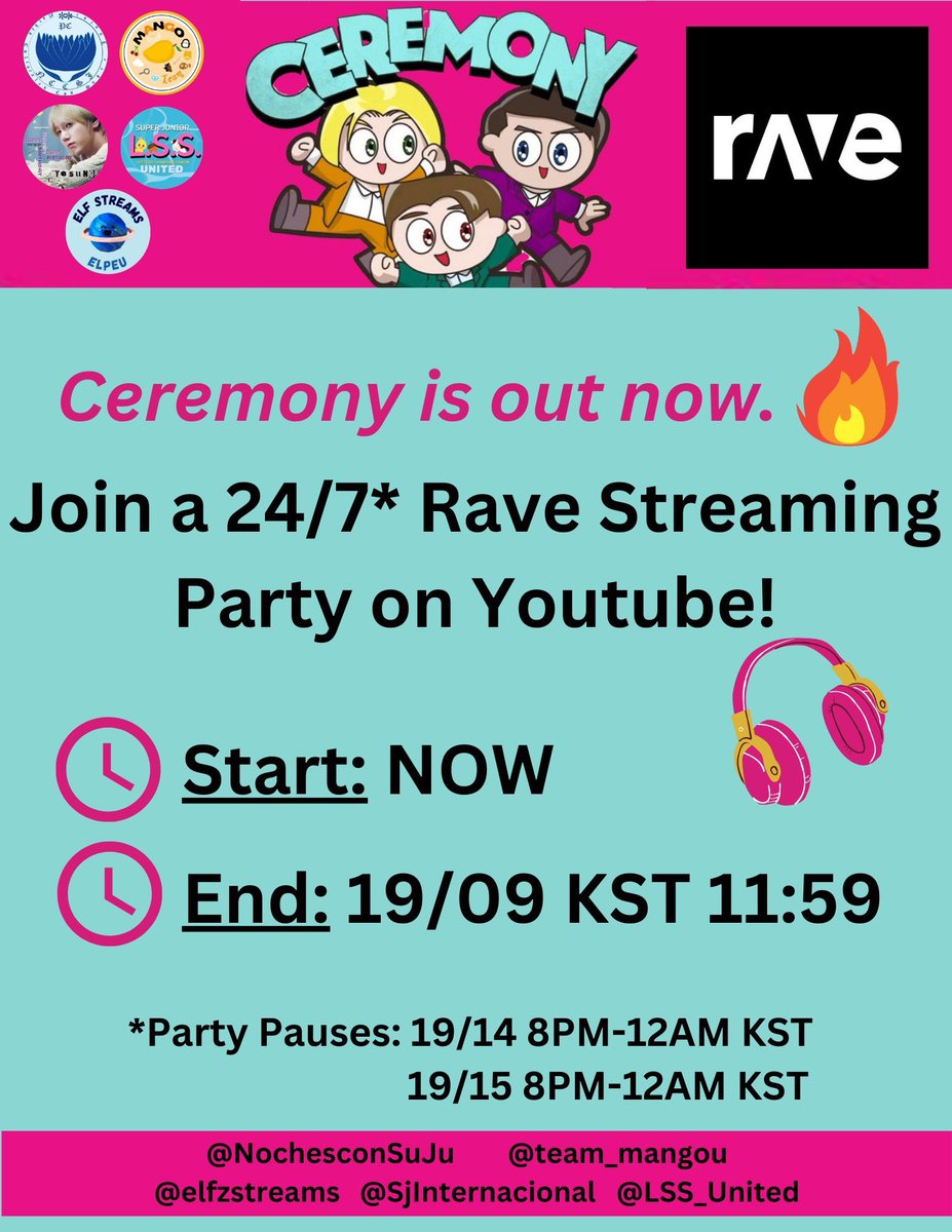 elfzstreams's tweet image. Hello ELF! We’re back to streaming for Super Junior LSS new single “CEREMONY” 💙 Streaming parties on Rave starting now! 
In collaboration with @LSS_United @team_mangou @SjInternacional @NochesconSuJu 

🔗 rave.watch/9vQzF