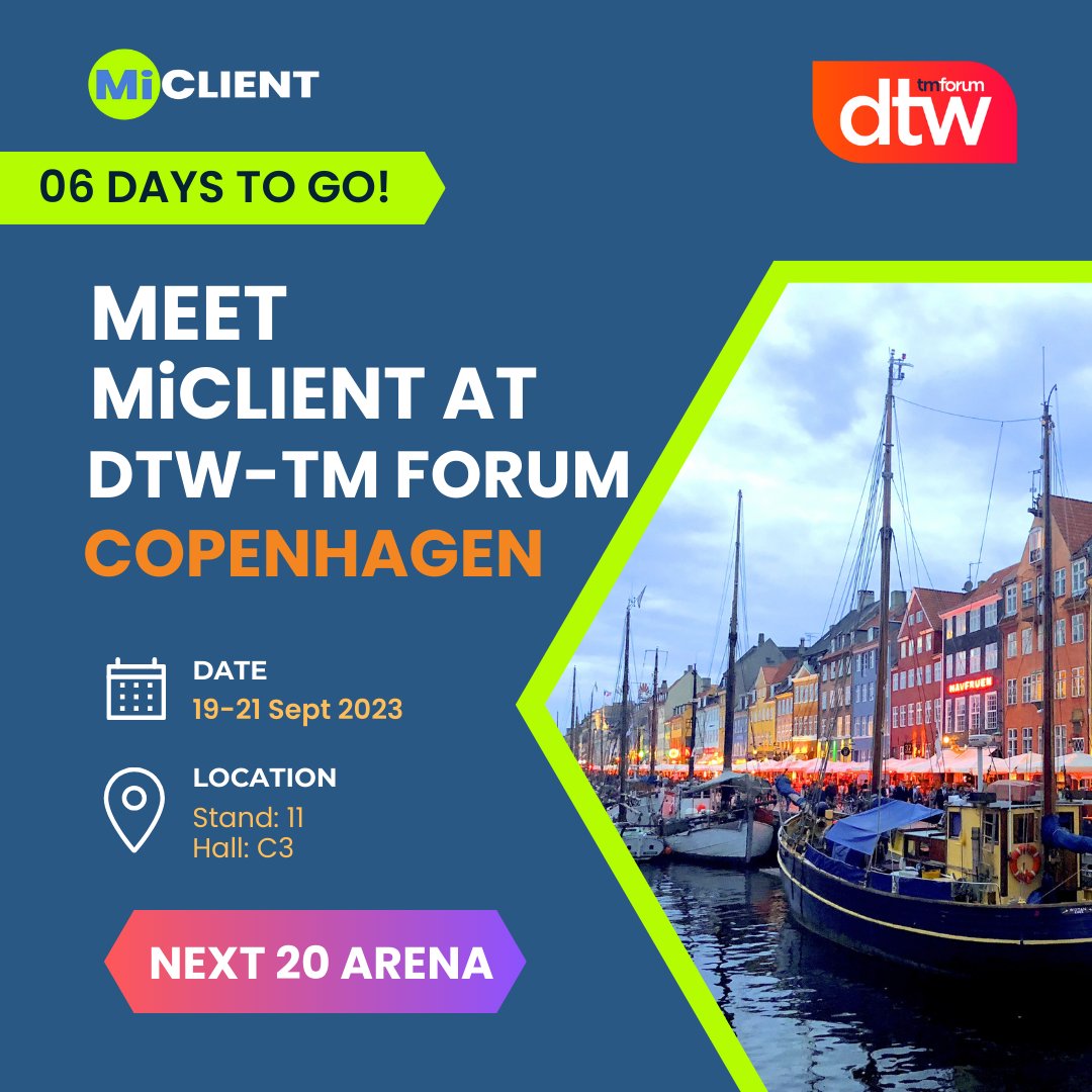 MiClient's tweet image. Save the date! Only 06 days left until TM Forum DTW23 - Ignite in Copenhagen! Get ready for a week of learning, collaboration, inspiration and partnership building.

📍 Date: 19-21 Sept 2023
📍 Venue: Stand No. 11, Hall C3

See you there!

#tmforum #dtw23 #miclient #marketplace