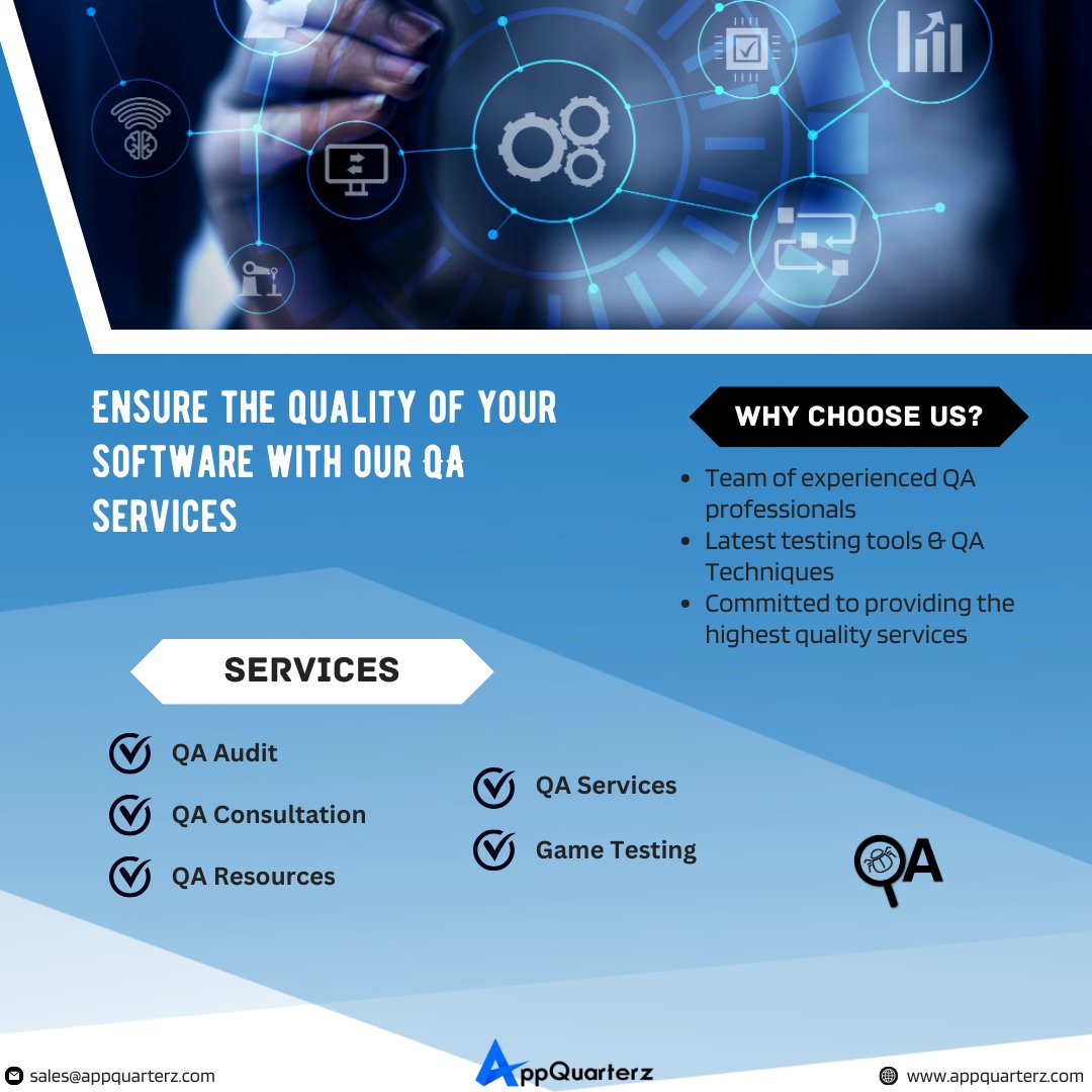 Appquartez is one of the most trusted QA partners in the country 

#qacompany #softwaretesting #softwaretestingcompany #automationtesting #qaservices #qualityassurance #codoid #qa #softwarequality #qasolutions #automationtestingservices #mobileapptesting #codoidinnovations