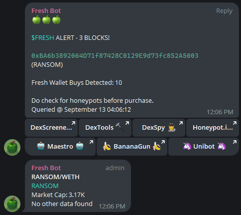 freshbotapp's tweet photo. FRESH called $RANSOM at 3K.

A 100x in 30 minutes. https://t.co/YjR2sTa72N