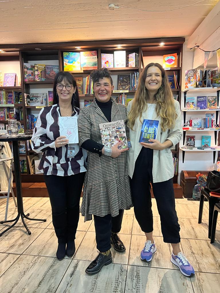 MelanieVerwoerd's tweet photo. At Open Book Festival in Cape Town this past Sunday, with @lovethekitchen and @sarahmisaacs. The lovely Pippa Hudson did such a wonderful job guiding us through the sometimes painful discussions around loss, shame, recovery & resilience. A super special experience. #OBF2023 https://t.co/ZWvSbSVSdl