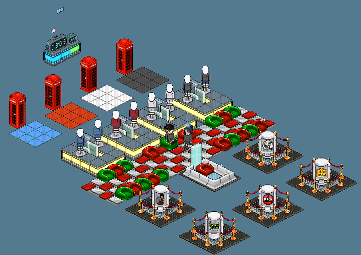 Kick Wars en equipos 👇

Juego automático inspirado en el KWL de antaño. Abierto para todo el que quiera jugar (recientemente Habbo realizó un evento oficial similar).

Dueño: Maaaaxi o :roomid 97697820