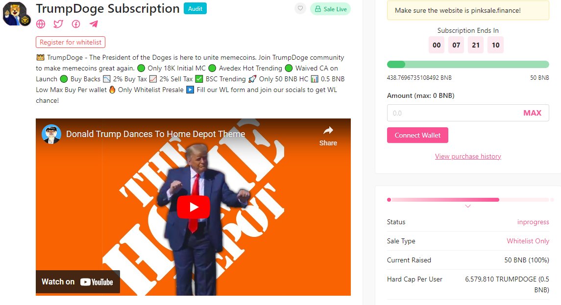 #TrumpDoge overflow presale live on pinksale! We already filled 440 BNB over 50 BNB HC!

50 BNB HC
0.5 BNB Max Buy Per Wallet
18k Launch MC
2/2 Tax
Huge Marketings!

pinksale.finance/launchpad/0x4c…

Join our telegram to get WL chance!
t.me/TrumpDoge

#bnb #eth  #doge #elonmusk
