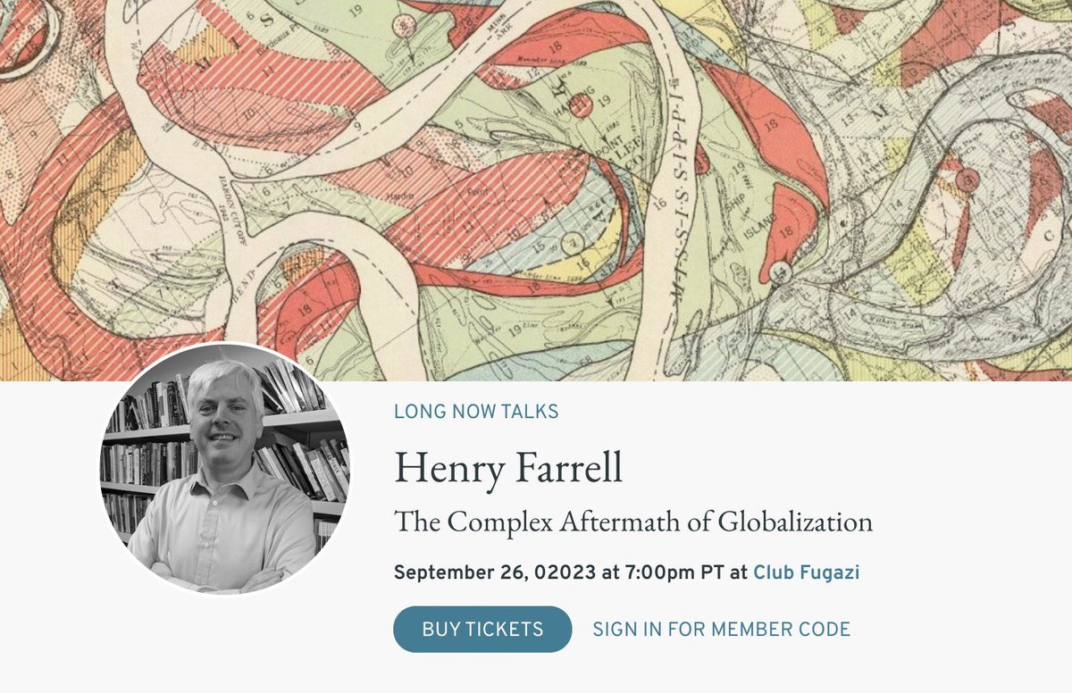 Our next Long Now Talk will be September 26 with Henry Farrell on The Complex Aftermath of Globalization. You can find out more at longnow.org/talks/